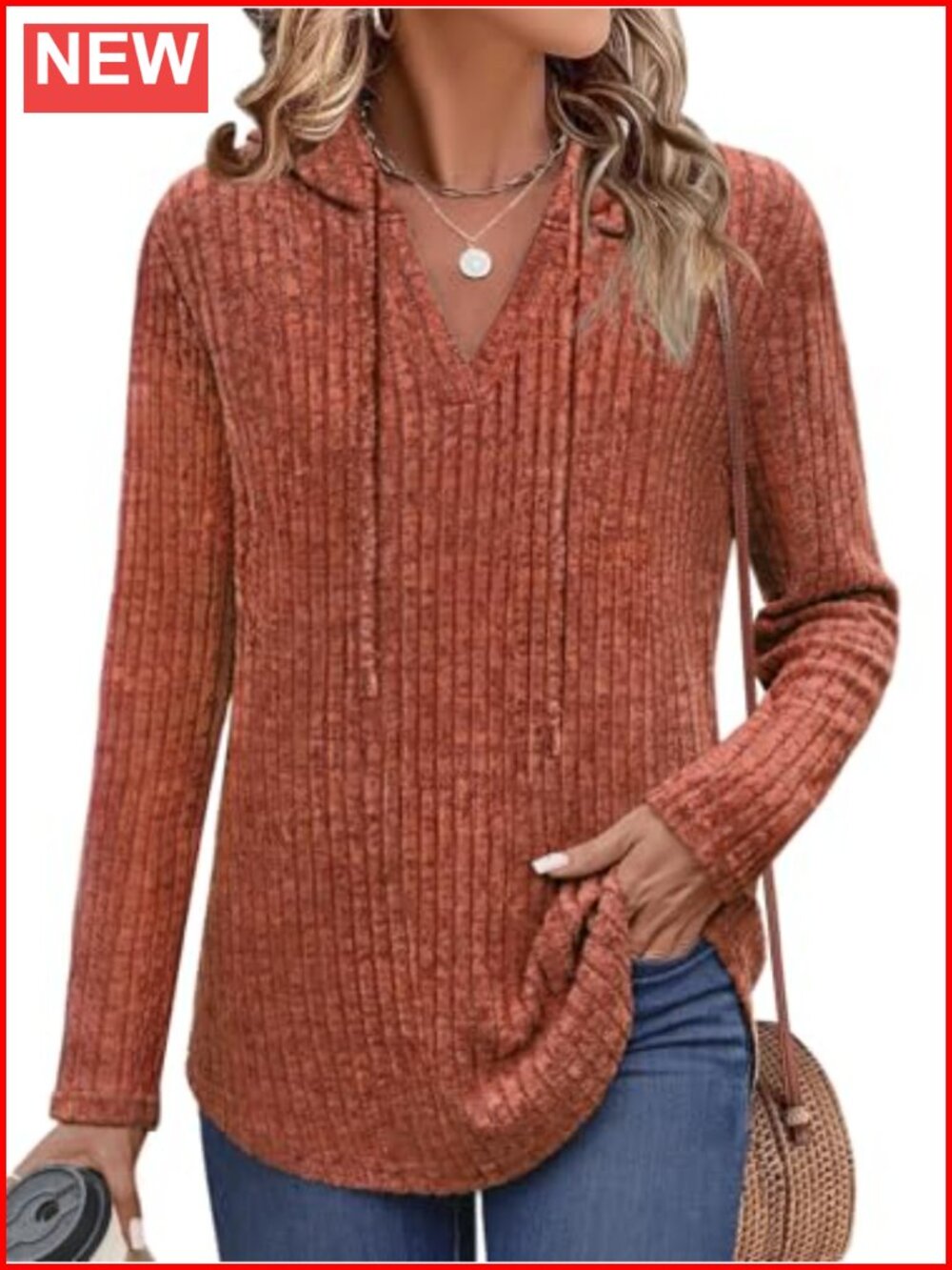 Womens Ribbed Knit V Neck Pullover Hoodie Long Sleeve Lightweight Sweater